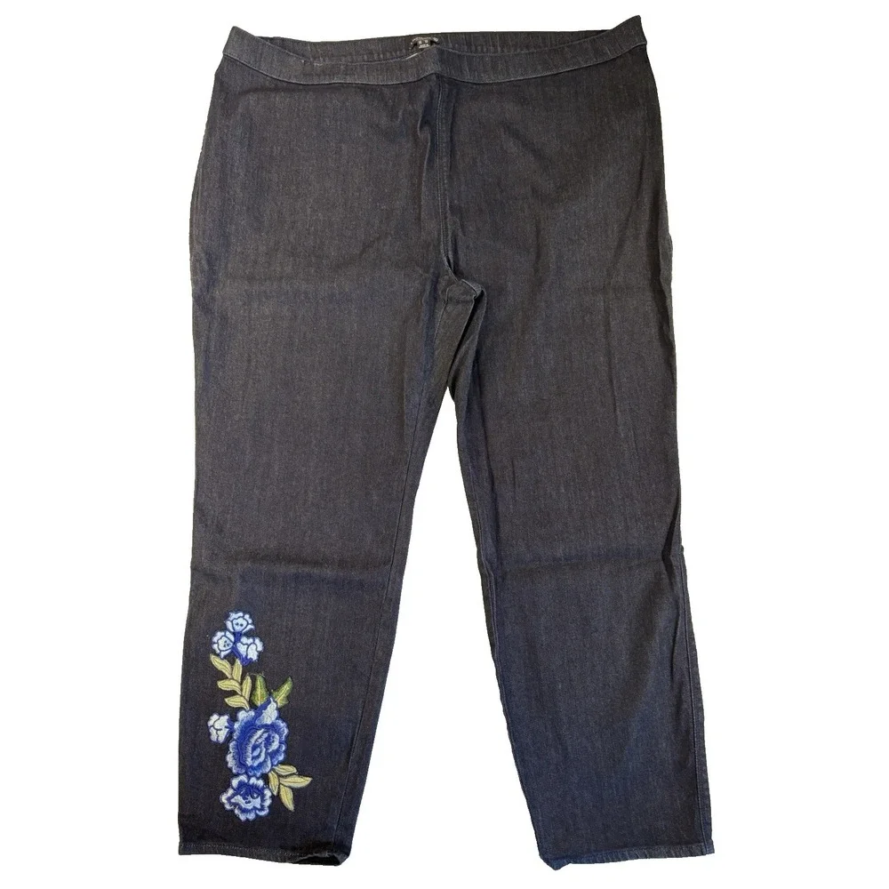 Susan Graver Jeans Women's 24W Dark Wash Pull On Ankle Embroidered Floral Boho